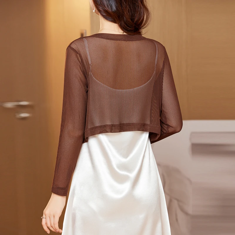 Women Thin Mesh Cardigans Lady Summer Transparent Shawl Female Long Sleeve Short Coat Outwear