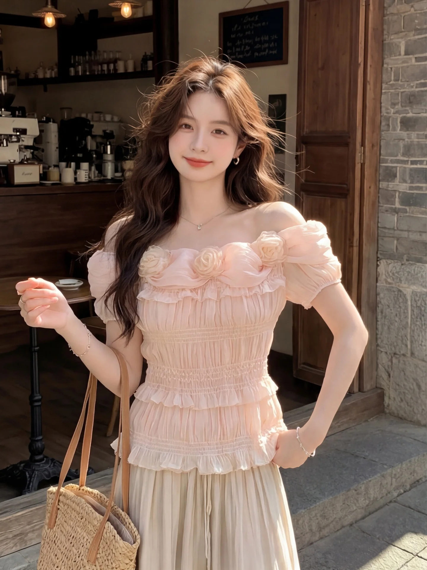 

Pink One-Shoulder Floral Embroidery Chiffon Top Women's Summer Trend Unique Beautiful Design 3D Flower Exposure Shoulder Blouse