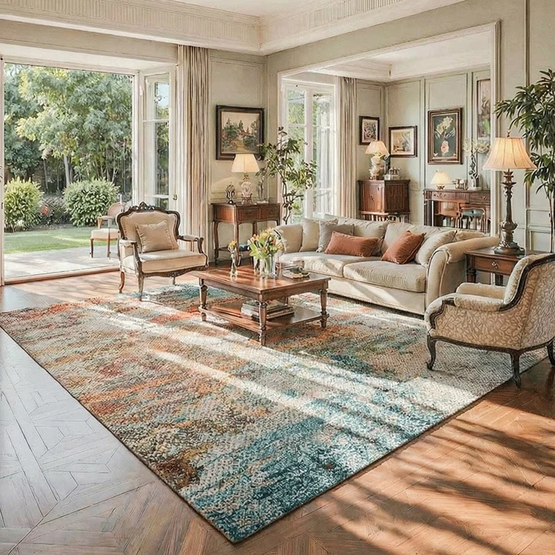 Vintage American Style Wool Carpet Bedroom Orange Blue Thick Parlor Floor Mat Large Center Area Rug Living Room Cloakroom Mat