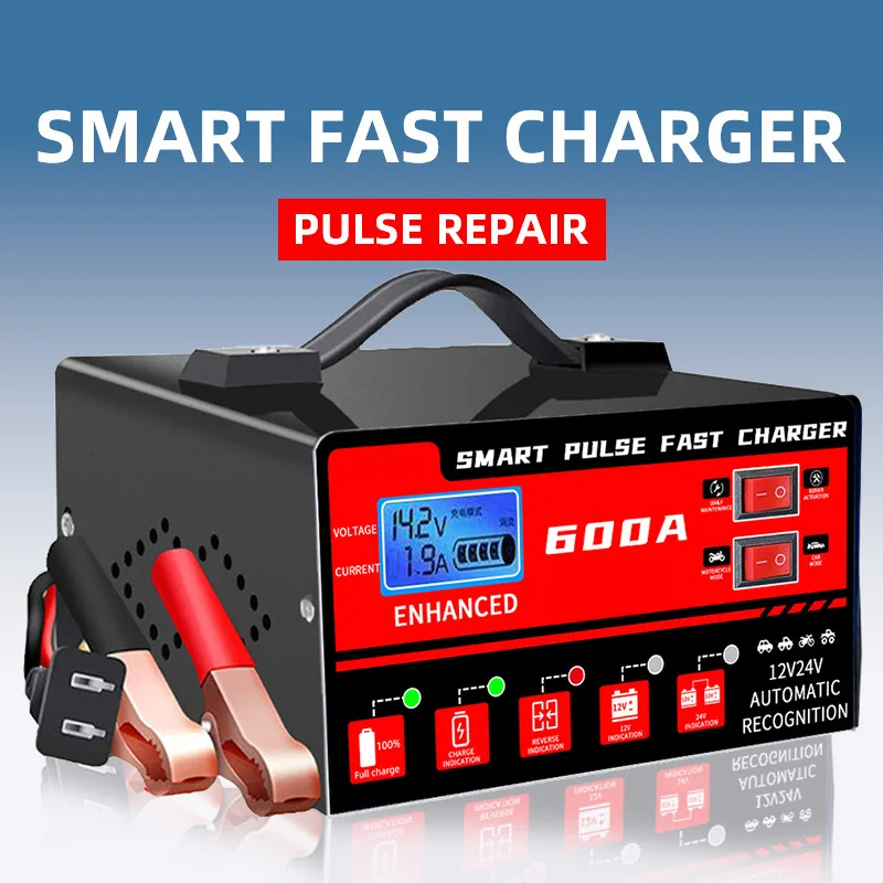 

Car Battery Charger Intelligent Pulse Repair Voltage Temperature Detection Automatic Stop Digital LCD Display 12V 24V 600A
