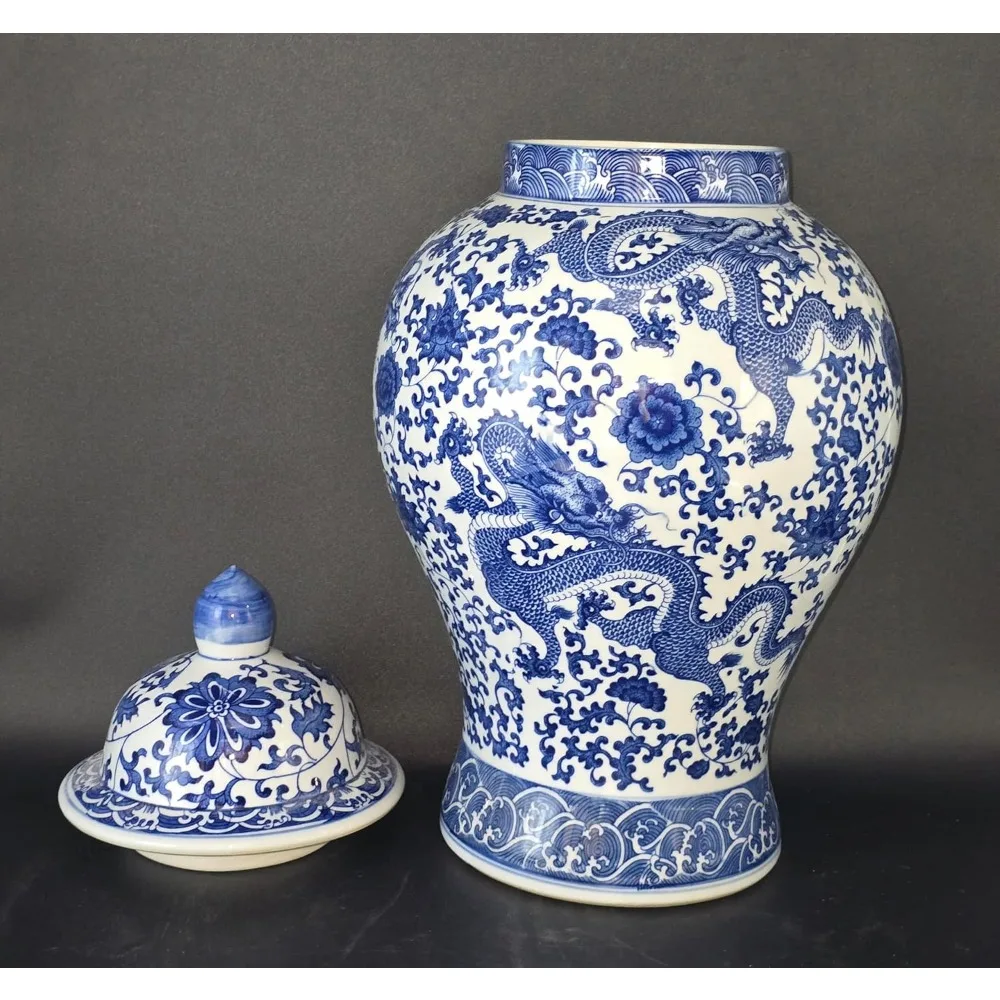 Large Blue & White Floral Porcelain Ginger Jar Vase, Qing Dynasty Style