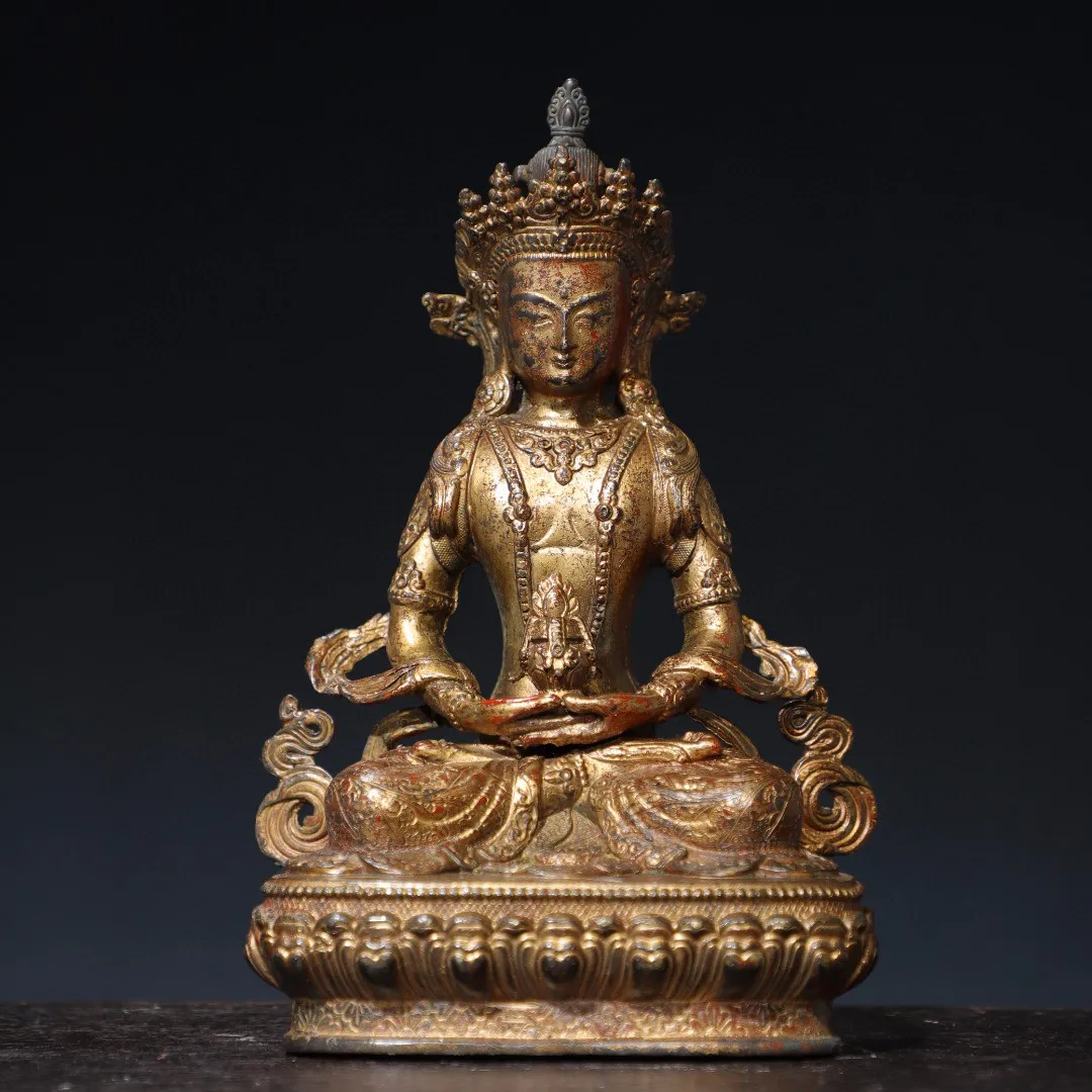 

Tibetan Nipo brass clay gold cinnabar painted longevity Buddha Guanyin Tara small ornament, 20cm for home and hall use