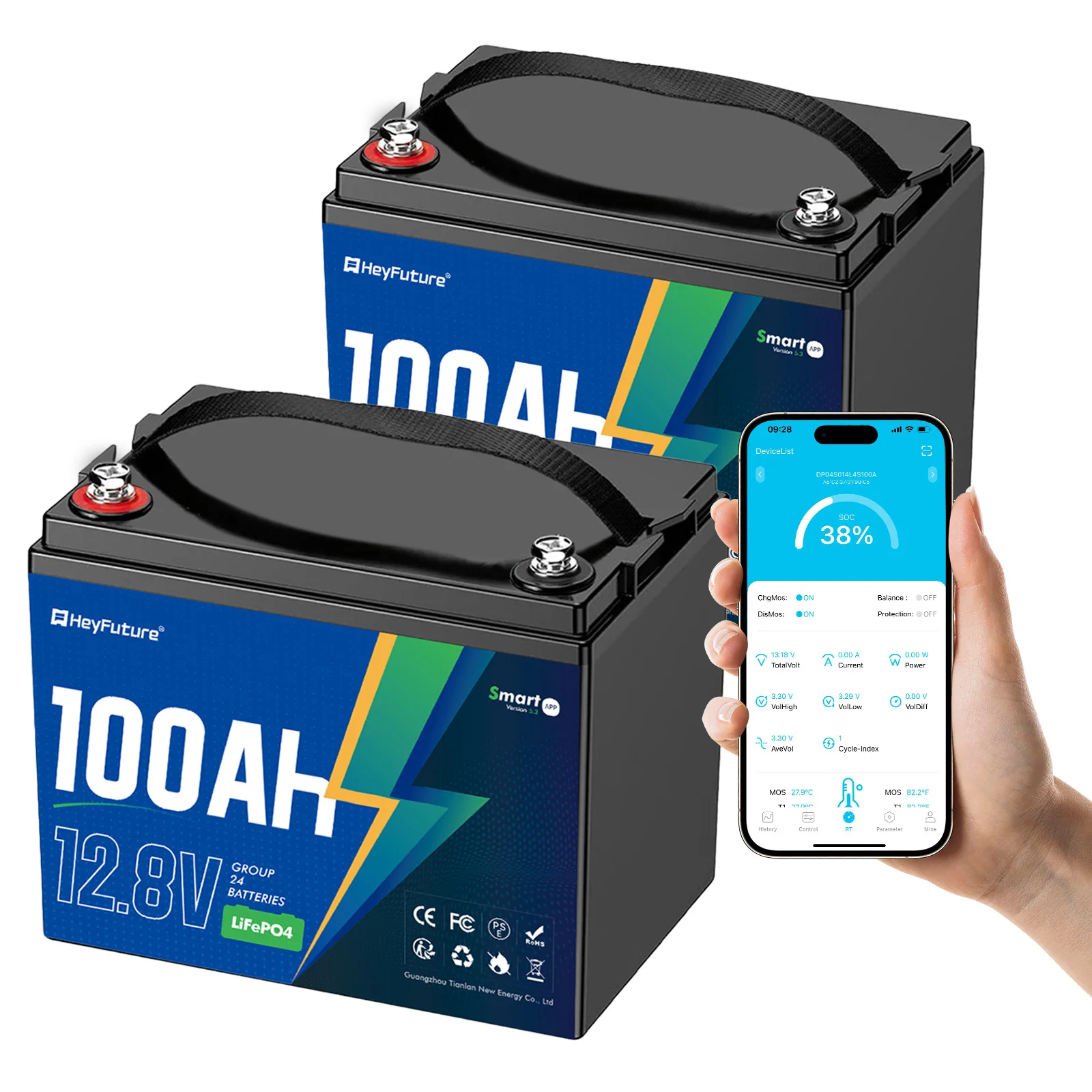 

Литиевая батарея LiFePO4 12,8 В 100 Ач с Bluetooth-мониторингом, 1280 Вт·ч, для автодомов, кемперов, гольф-каров, троллинговых моторов