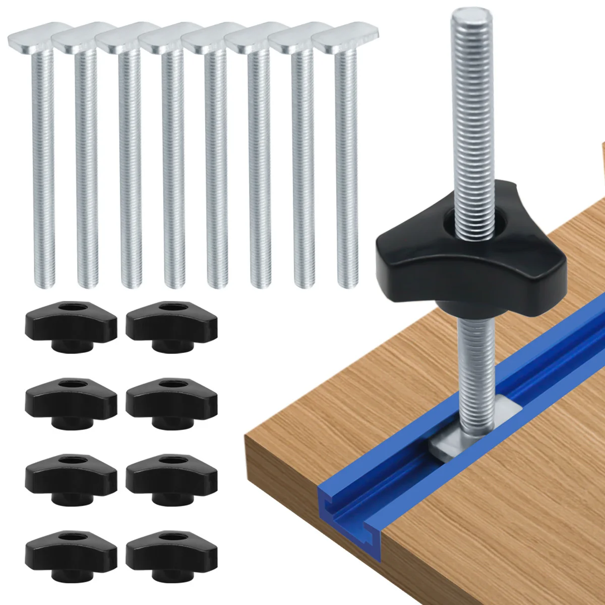 

8 Pack T Bolt Knob Kit, T Screw and Plastic Knob Nut - Woodworking Tool Jigs Screw Fixture, Use with 1/4" and Universal T-Track