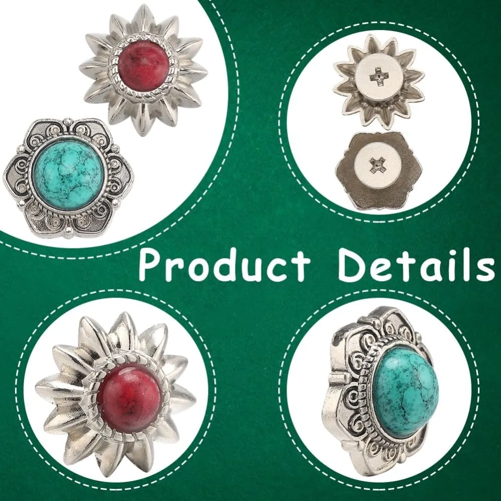 24 Sets 8 Styles Western Screw Back Buttons 13mm Conchos Turquoise Cowboy Vintage Flower Decorative Leather Buckles Natural