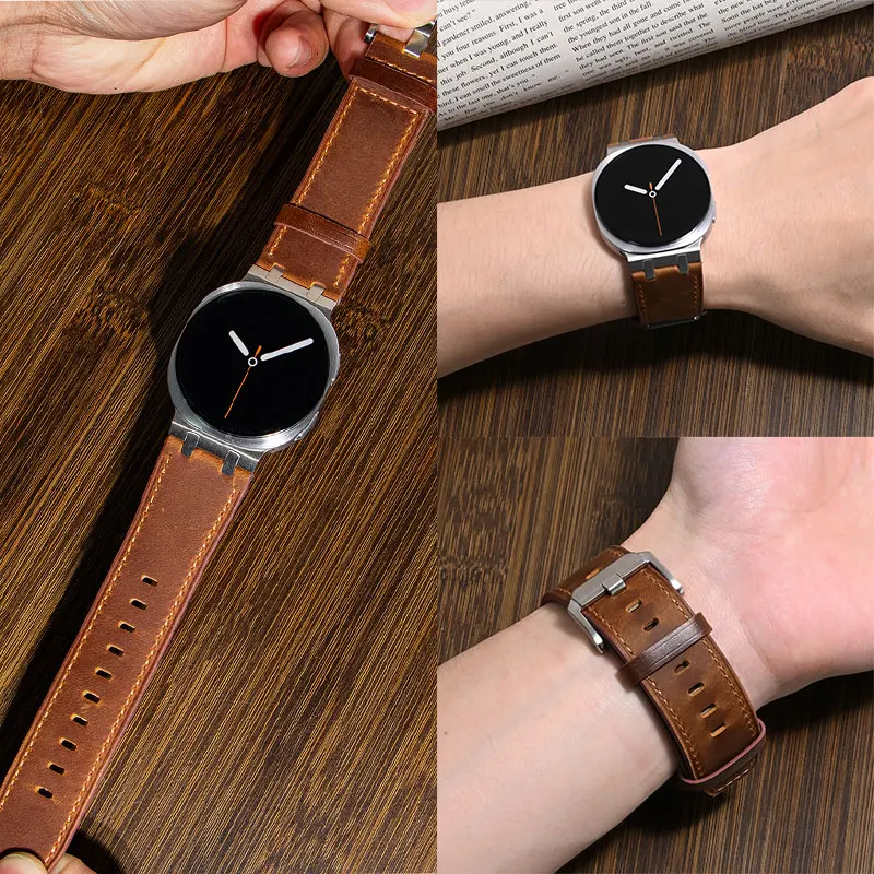 Samsung Galaxy Watch 8 40mm 44mm 8 Classic 46mm用レザーストラップ、ファインヴィンテージクレイジーホースレザーバンド、APアダプター付きリストバンド