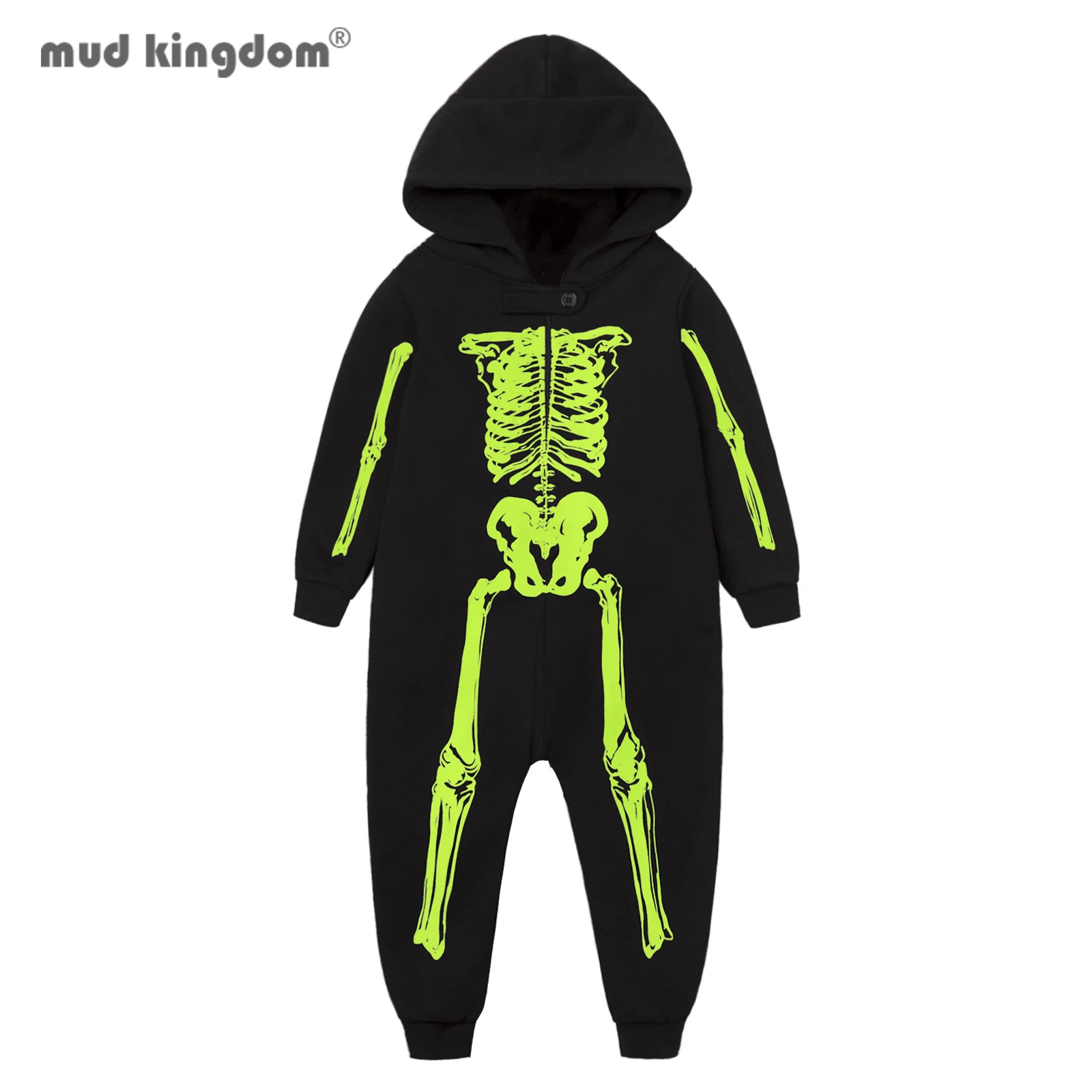 Mudkingdom Big Girls Boys Jumpsuit Baby Halloween Skull Romper with Hood Glow in the Dark Light Fleece Lined Clothes for Kids