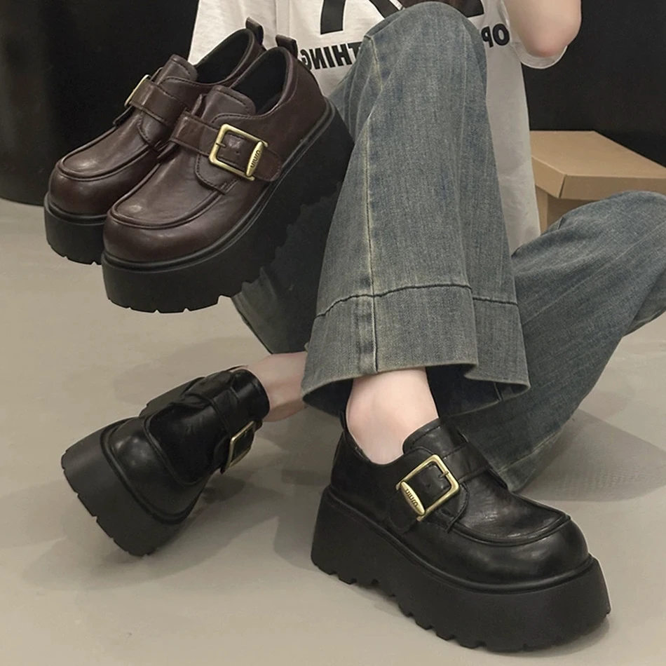 

Лоферы на толстой подошве. Новинка осени и зимы 2024, маленькие кожаные туфли, туфли на высоте, увеличивающие рост, женская обувь Мэри Джейн.