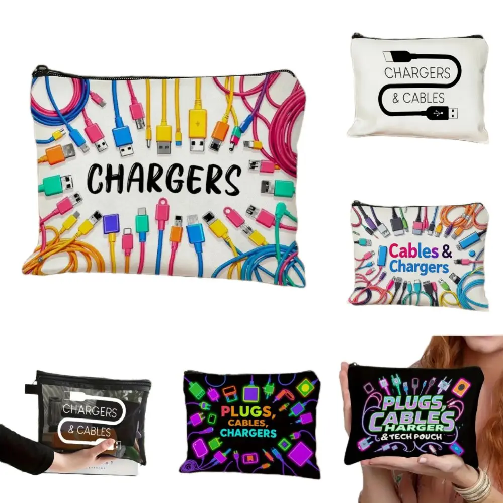New Canvas Charger Storage Pouch Zipper Closure Print Design Electronics Bag Large Capacity Cable Organizer Bag Travel Use