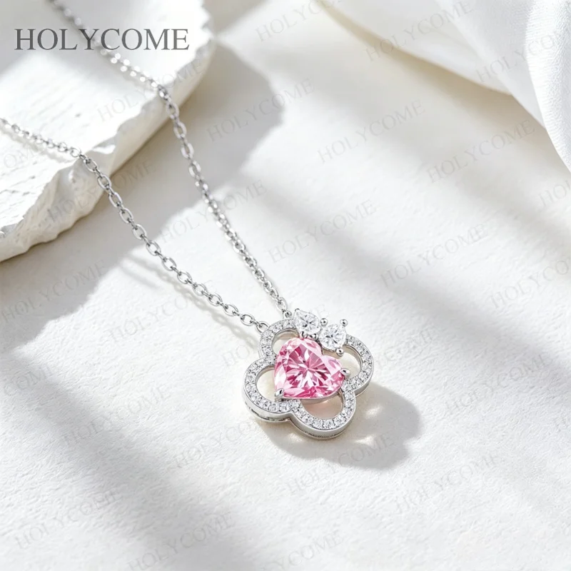 2CT Herzförmige Rosa Moissanit-Halskette 925 Sterling Silber Anhänger Choker-Kette für Damen Hochzeits- und Party-Schmuck – Detail 6