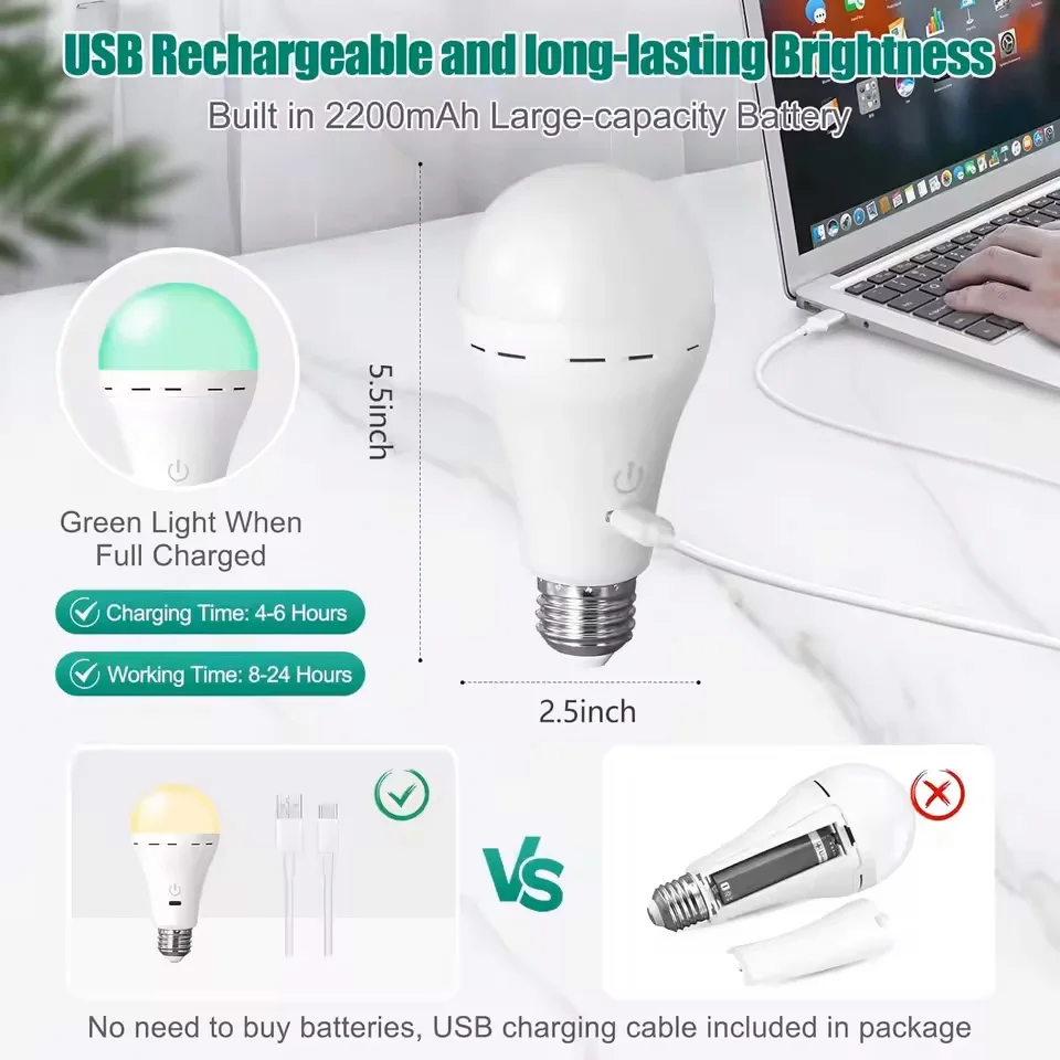 USB-C E27 Rechargeable LED Bulb Wireless Remote Control Battery Operated Dimmable Light with Timer