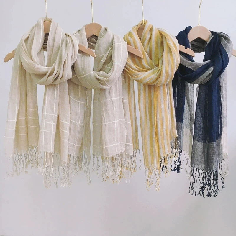 Lenço listrado de linho 100% de alta qualidade, nova moda primavera e verão, longo, confortável, respirável, para mulheres