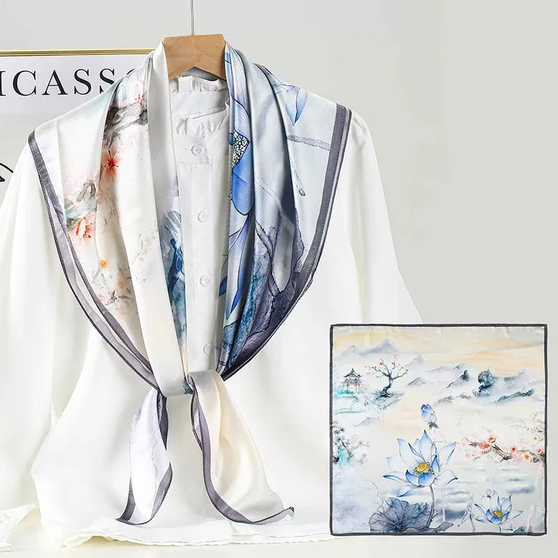 Chinese Style Preserved Plum Lotus Scarf 100% 90 Square Decorative Shawl