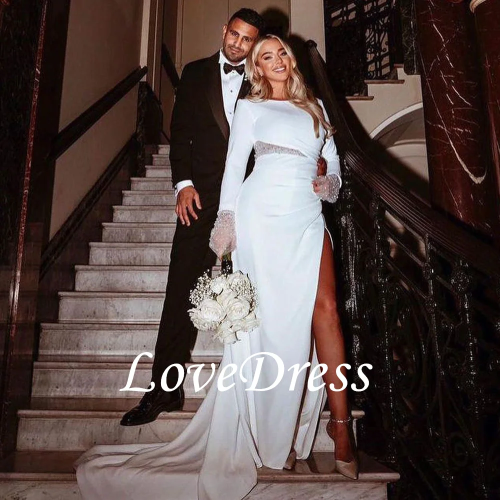 LoveDress Элегантные свадебные платья русалки с круглым вырезом для женщин 2025 Простые свадебные платья с длинными рукавами и жемчугом Высокие скольжения по индивидуальному заказу