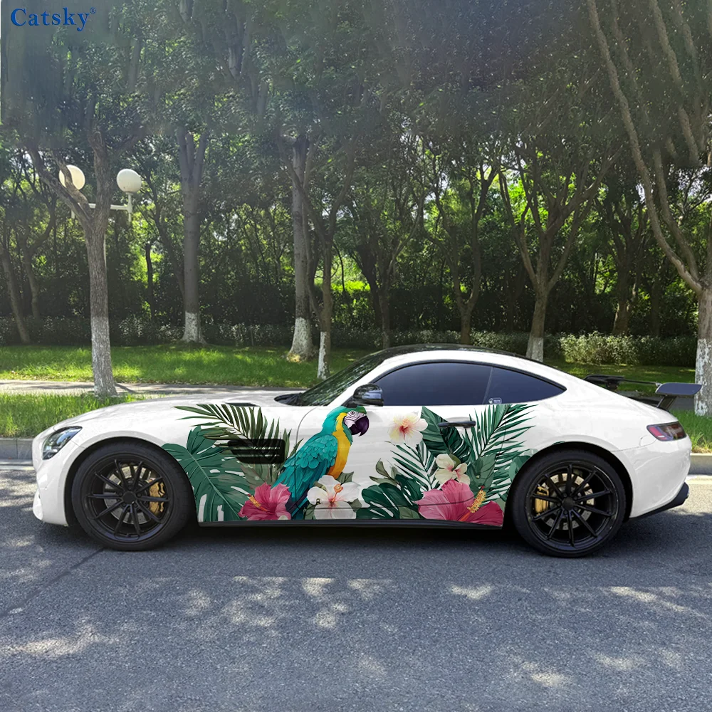 

Parrot Tropical Flowers Car Vinyl Wraps Decal Self-adhesive PVC Sticker Suitable for Trucks SUV Decoration Auto Accessories Gift