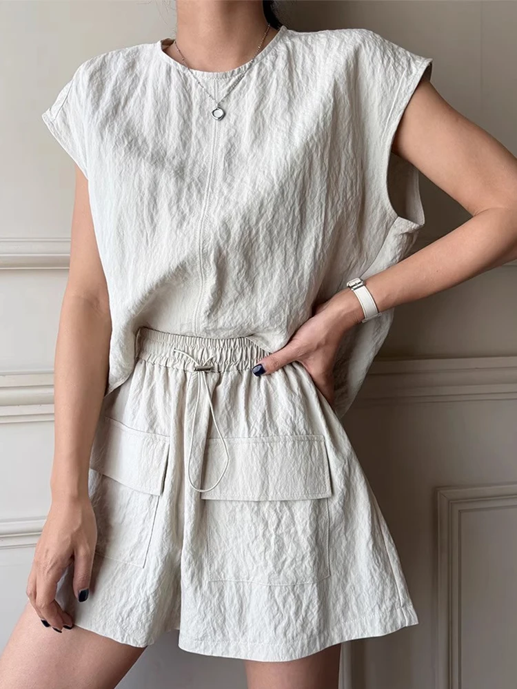 

Liangliang Retro Loose Svel Vest irt Women's Summer High Waist Dstring ket orts Set Faionable Two-Piece Suit
