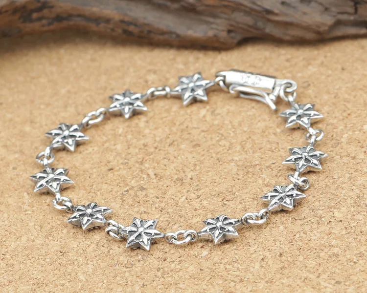 925 sterling silver men's and women's Thai silver cross flower bracelet, five pointed star sterling silver bracelet