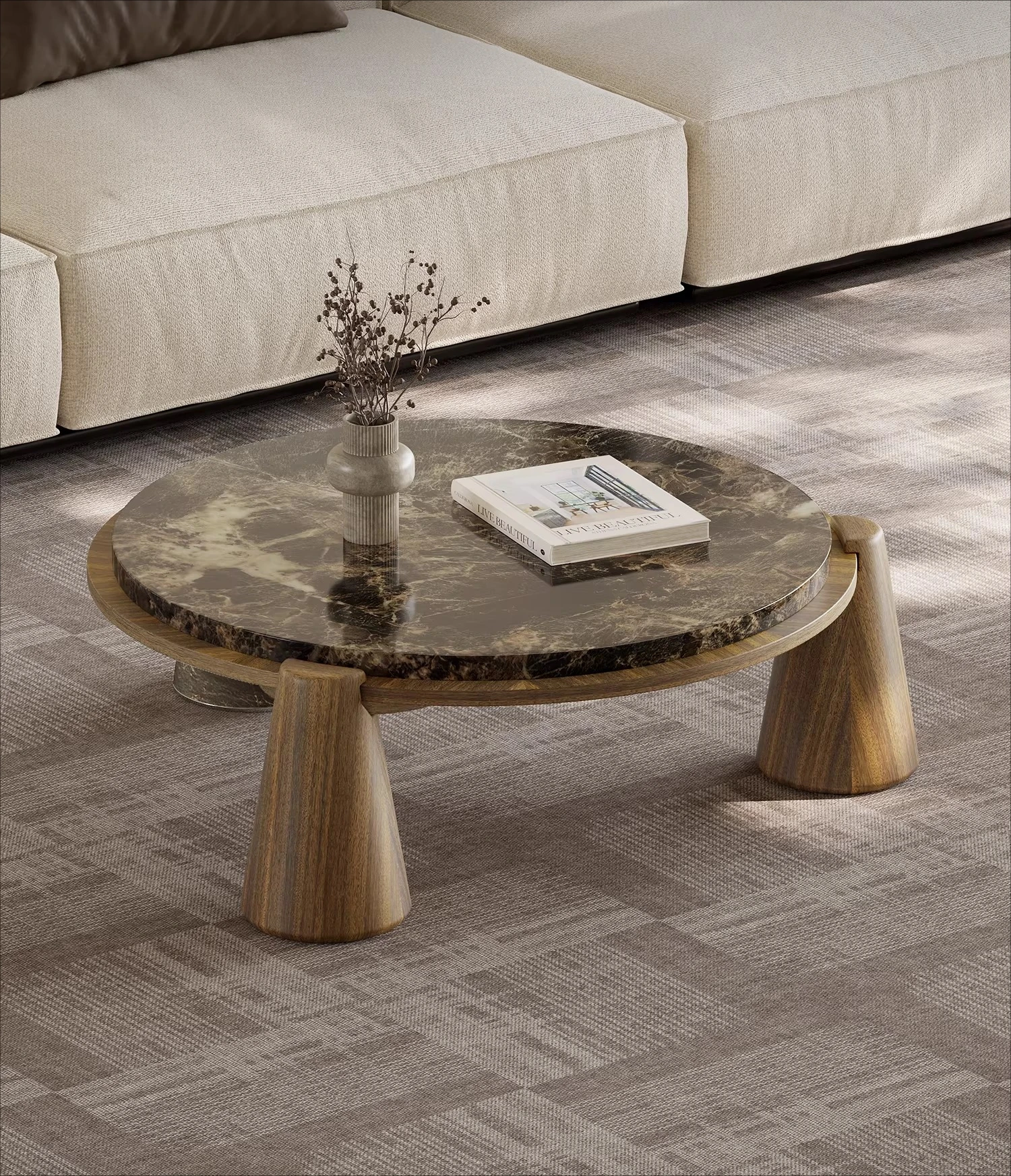 

Wabi-sabi wind round coffee table marble living room household small apartment medieval high-end designer walnut leather