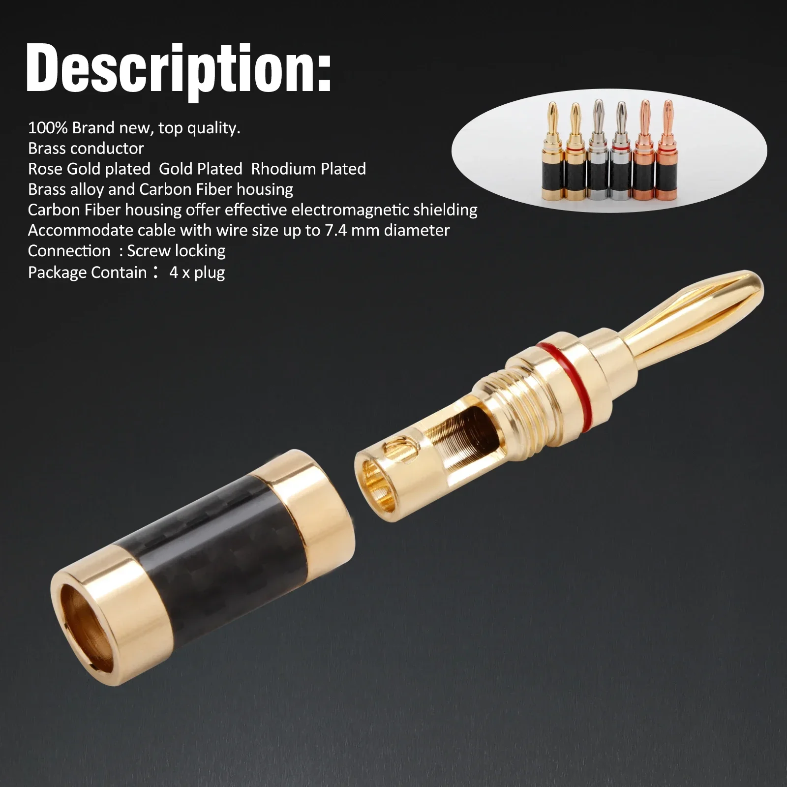 hot selling  4-Piece Banana Plug Connector Set, Carbon Fiber Style with Rose Gold Plating for Speaker Cables