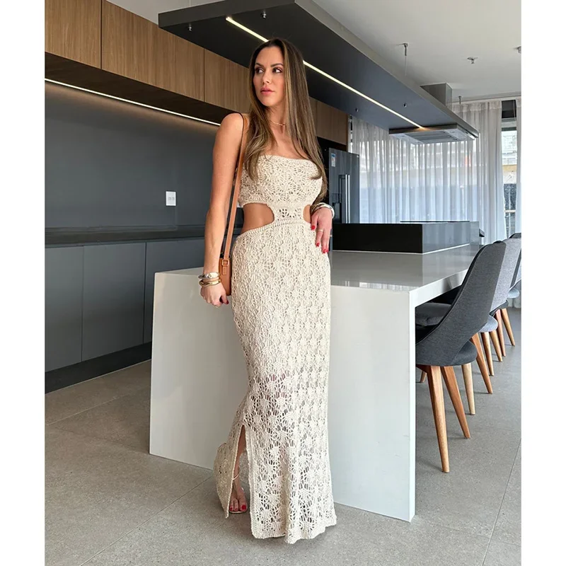 2025年 ニットワンピース サマービーチウェア セクシー シースルー ビキニ カバーアップ ビーチ ボディコン マキシワンピース メッシュ ホルターネック サンドレス