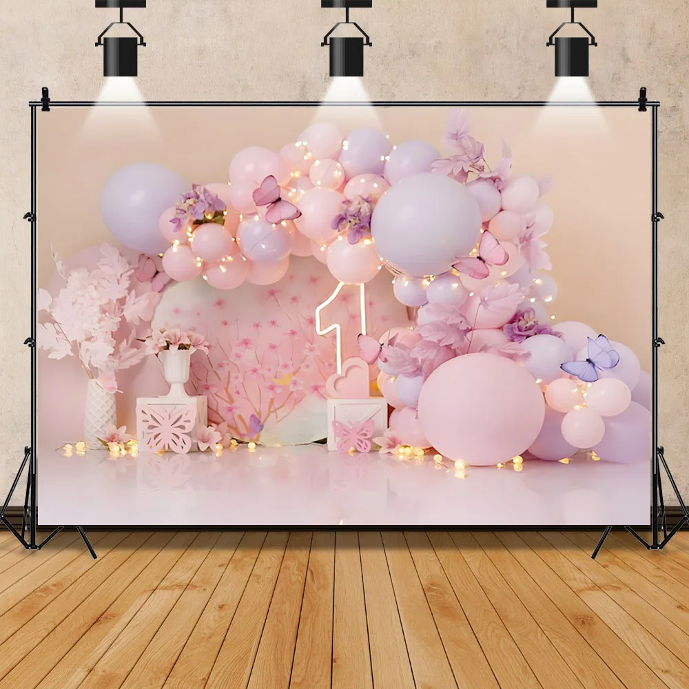 Fondo fotográfico con globos para fiesta de primer cumpleaños, telón de fondo con puerta arqueada, colorido, para recién nacido, Baby Shower y pastel