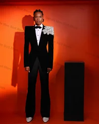 Formal Black Men Suits Set 2 Piece Blazer+Pant Luxury Appliqued Beads Prom Groom Wedding Tuxedo Coat Tailored Made Office Jacket