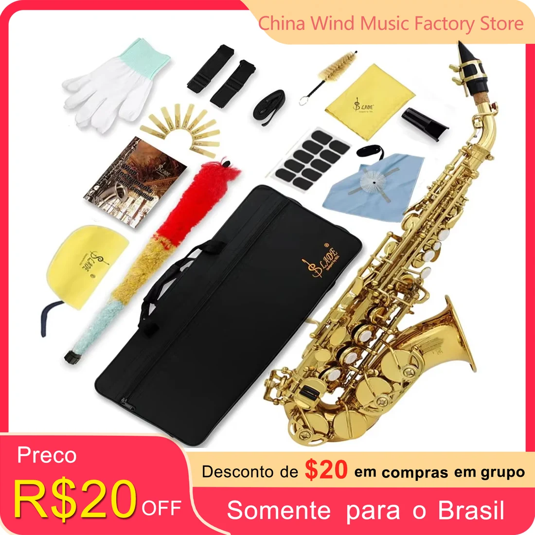 SLADE Bb Soprano Saxophone Gold for Beginners Adults Sax with Box Cleanning Cloth Reeds Strap Brush Gloves Accessories