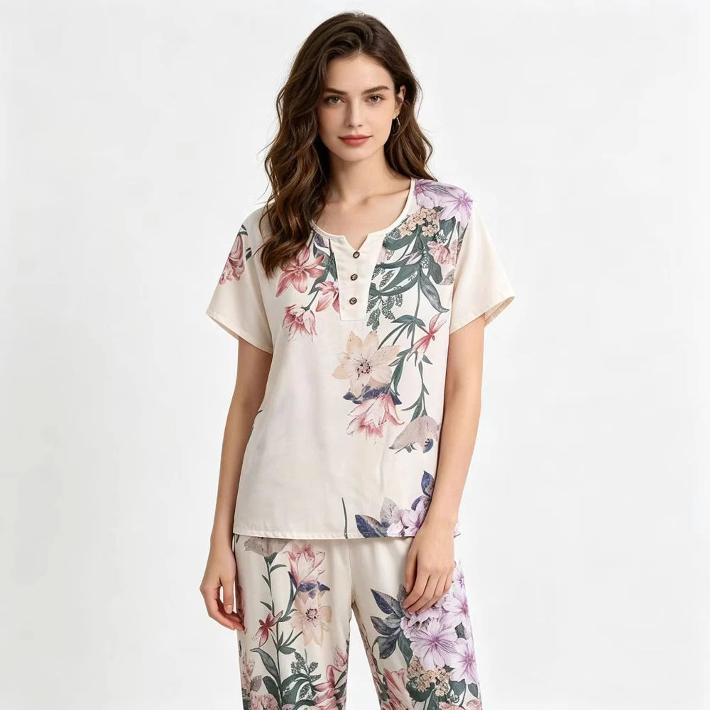 Middle Aged Mother Print Sleepwear Suit Summer Women's Short Sleeved Cropped Pants Pajamas Set Grandma Two Piece Pijamas