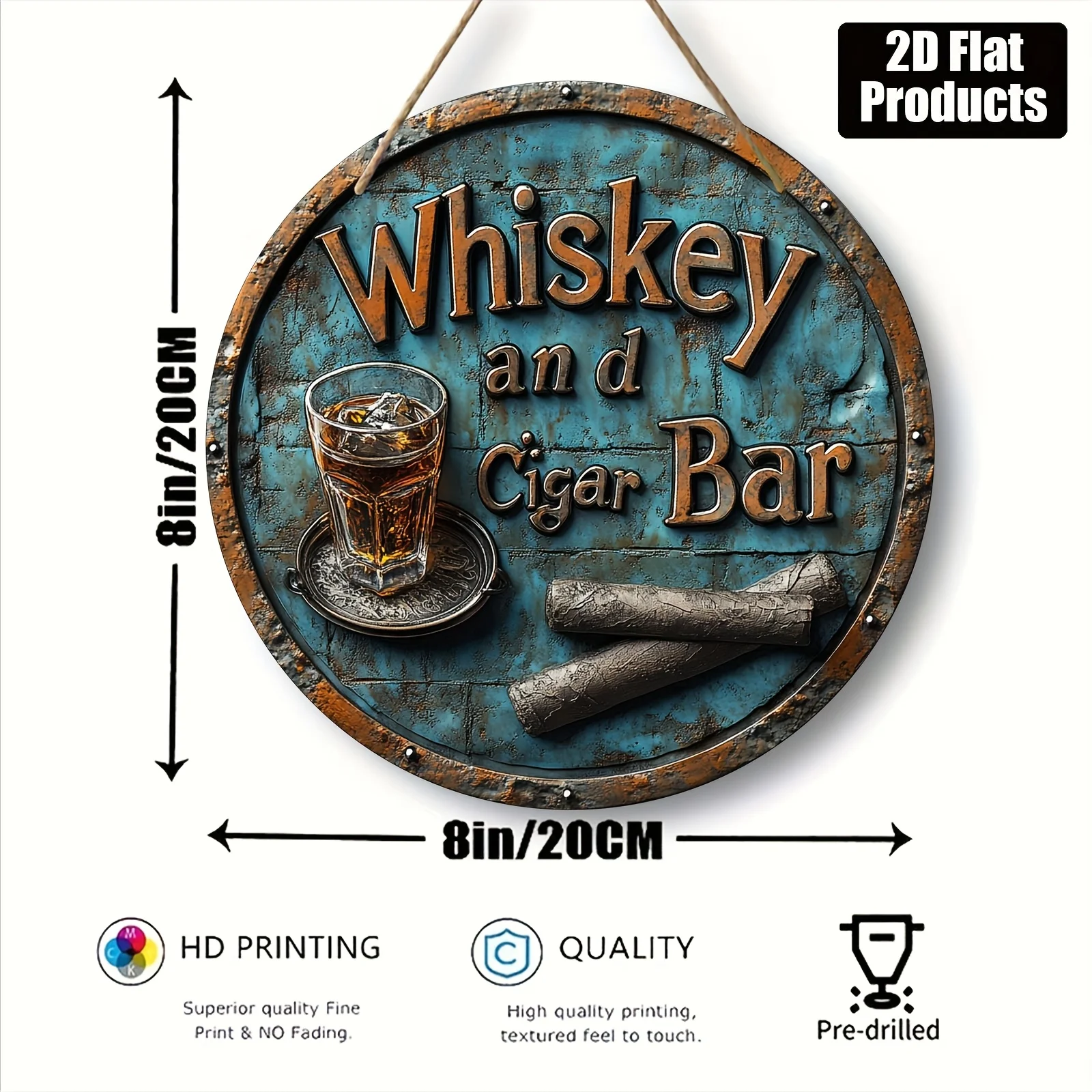 2D Flat - Vintage Whiskey & Cigar Bar Sign - 8x8
