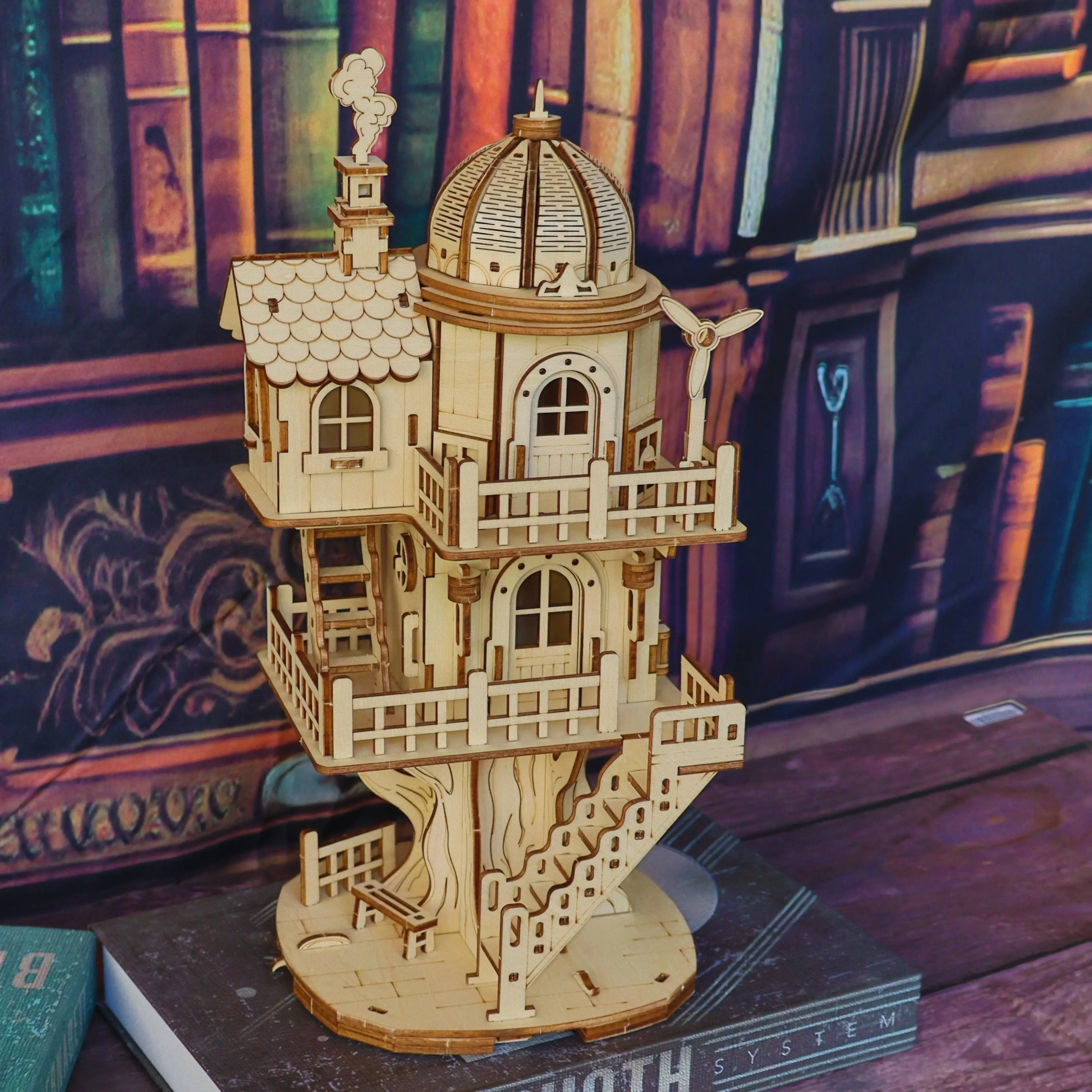 3D wooden puzzle model of treehouse, wooden forest cottage villa, multi story dome building assembly model, handmade DIY creativ