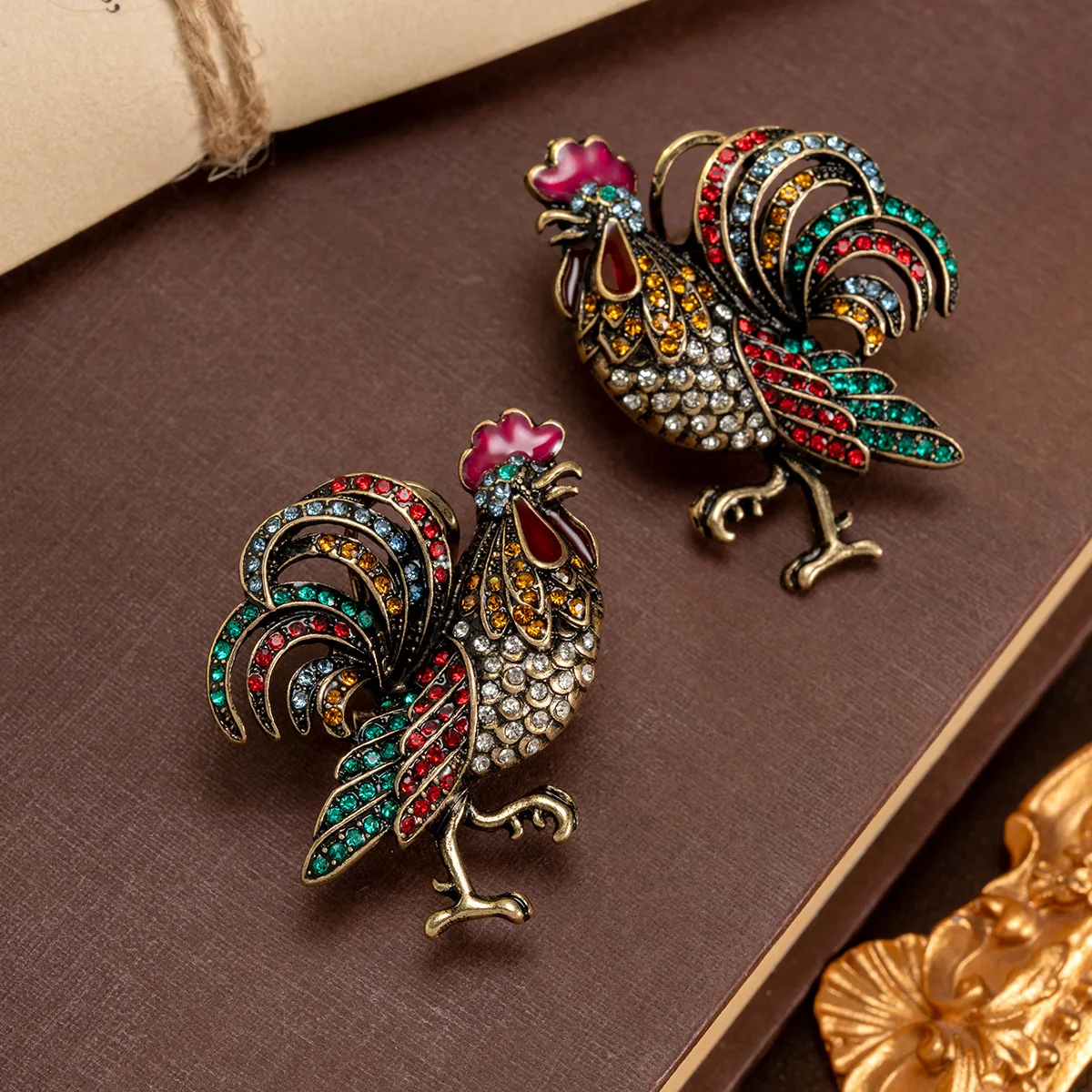 vintage inlaid colored diamond rooster earrings temperament personality earrings stud earrings for women