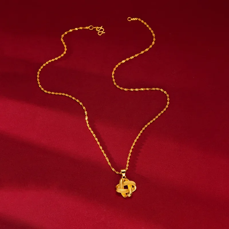 9999 Real Gold 24K Gold Woman Knot Pendant Clover Chinese Knot Necklace