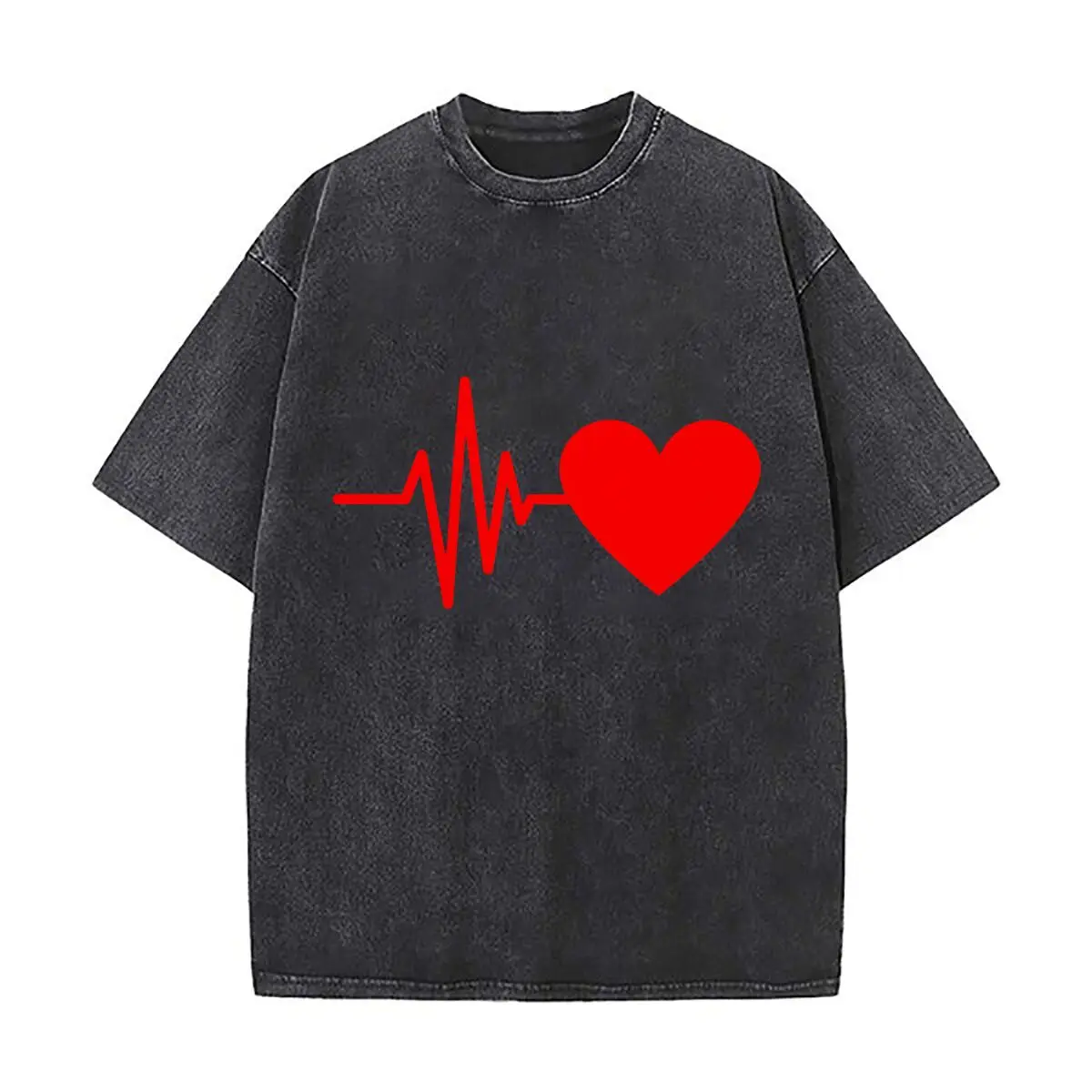 Red Heart Heartbeat Pulse Line Graphic Distressed Faded Baggy Streetwear Tops for Park Hangouts
