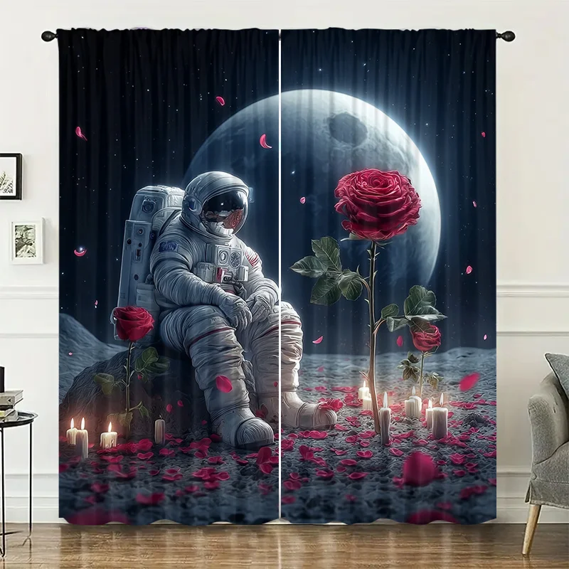 Astronaut moon-themed rose curtains, pole-mounted installation. Suitable for living rooms, bedrooms, dining rooms and hotels.
