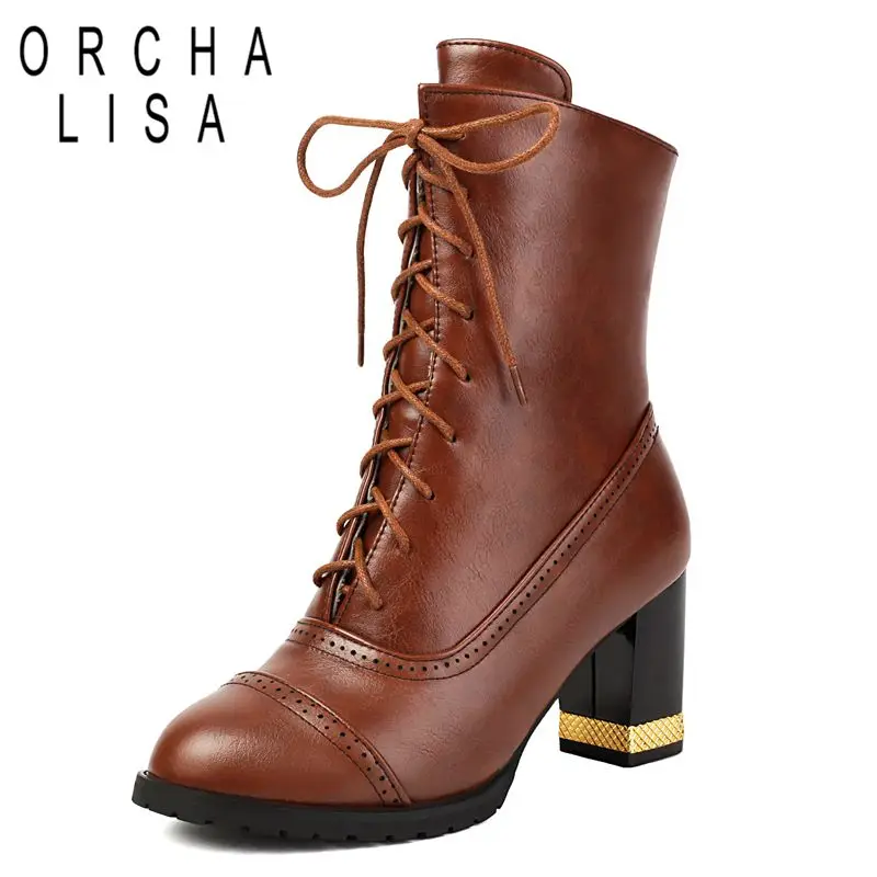 

ORCHA LISA 2025 Дизайн Сексуальные женские ботильоны с круглым носком на массивном каблуке 7 см на шнуровке Смешанные цвета Большой размер 42 43 Мода для свиданий Bota