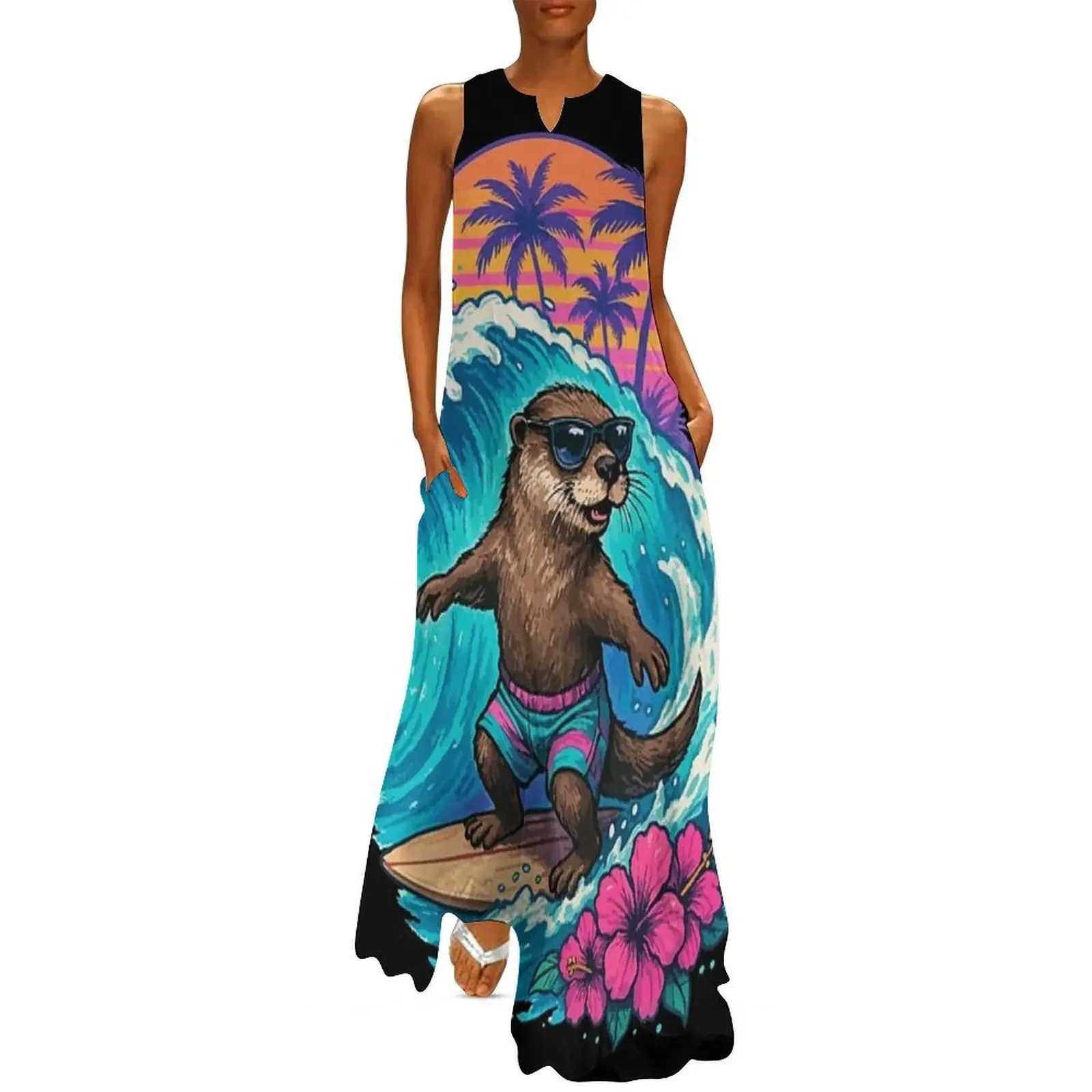

Funny Otter Surfer Wave Summer Retro Long Dress luxury evening dress woman for wedding dress party night women's fashion dresses