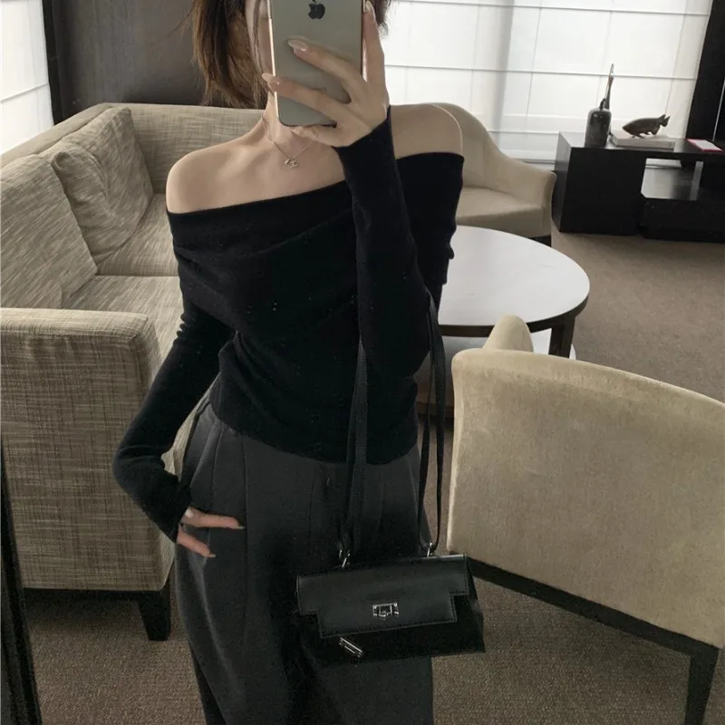 Pullovers Women Knitted Slim Fit Casual Ins Sweet Spicy Girls Cropped Long Sleeve Off-shoulder All-match Sexy Spring Autumn Y2k