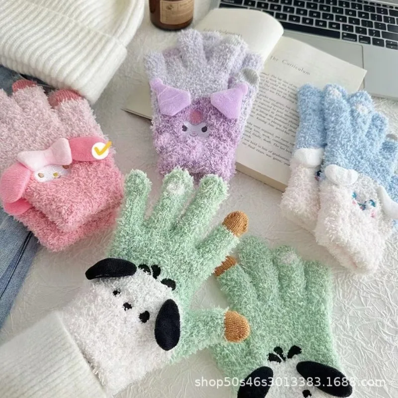 Sanrio Gloves Plush Kuromi Cold-Proof Gloves My Melody Cinnamoroll Five-Finger Gloves Touch Screen Pochacco Child Christmas Gift