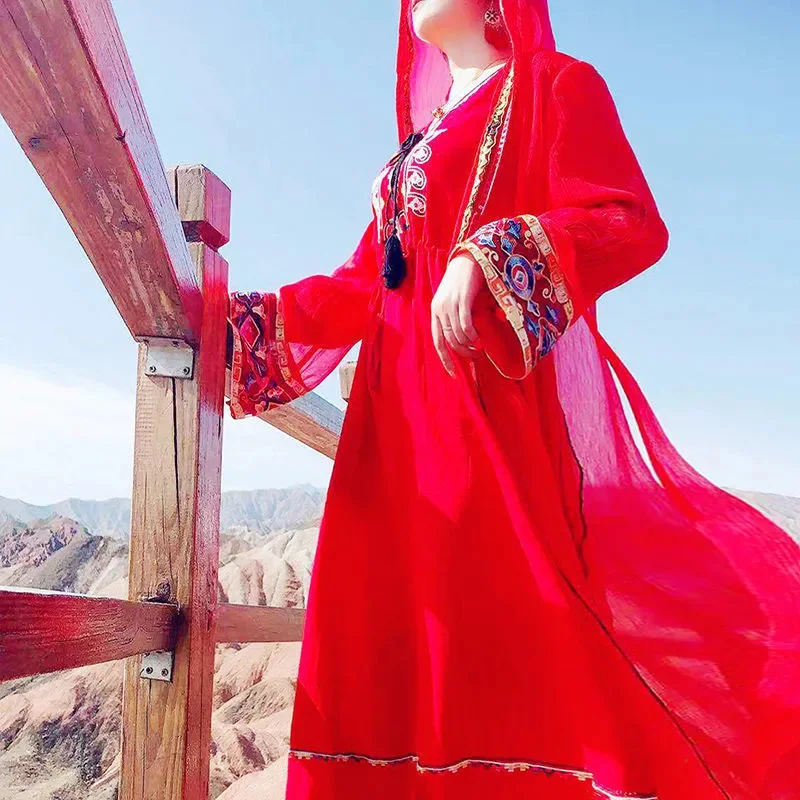 Xizang Desert Tourism New Red Ethnic Style Cape Cardigan Women's Sunscreen Chiffon 3/4 Sleeve Coat Cardigan Women