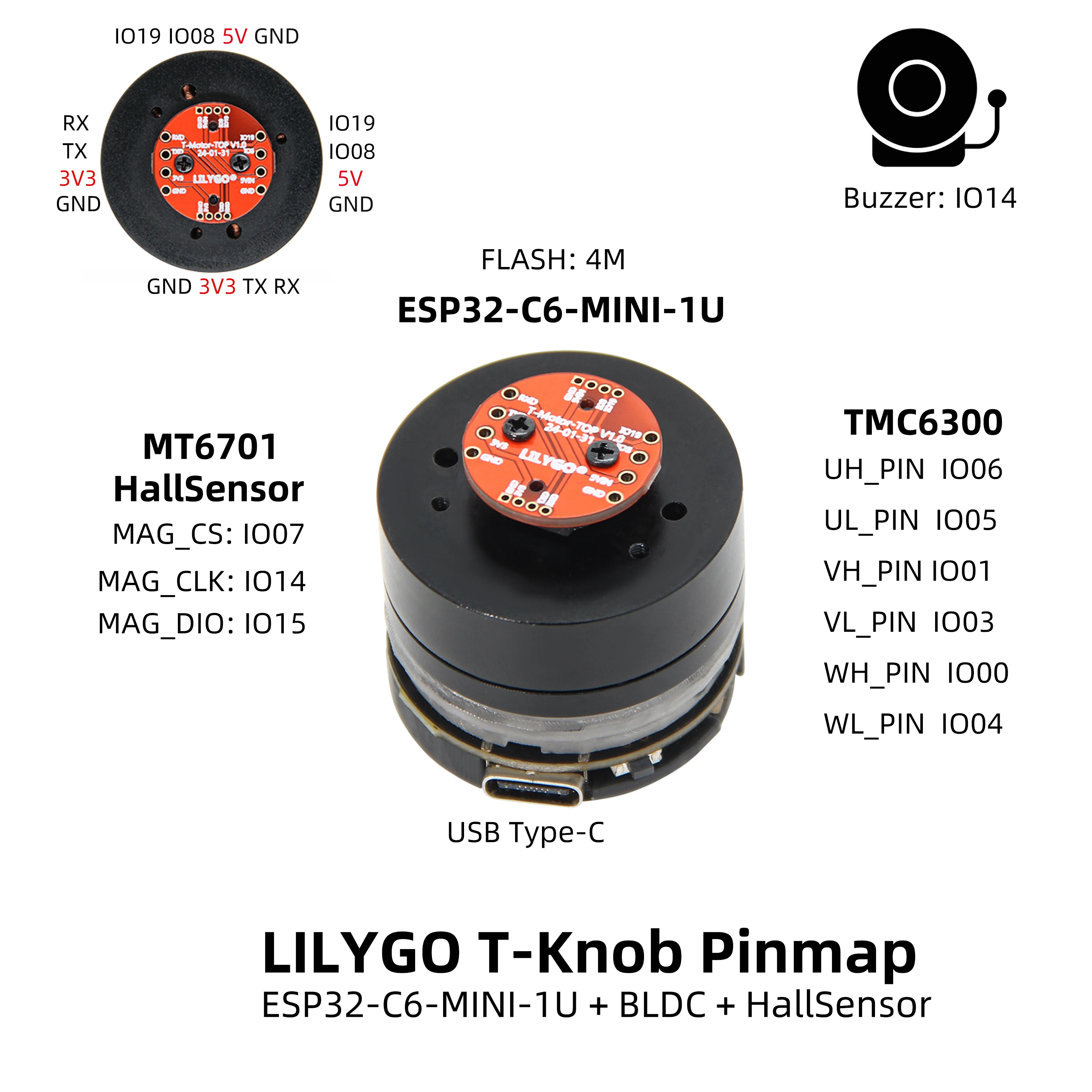 

LILYGO ESP32-C6 Development Board with T-Knob MT6701 Hall Based Angle Position Encoder Sensor TMC6300 Motor Driver for Kits
