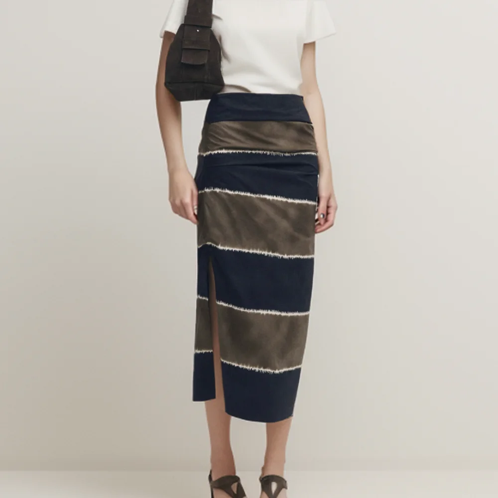 Cos Lris 2024 Summer Women\'s French Retro Contrast Color Striped Side Slit High Waist Straight Skirt