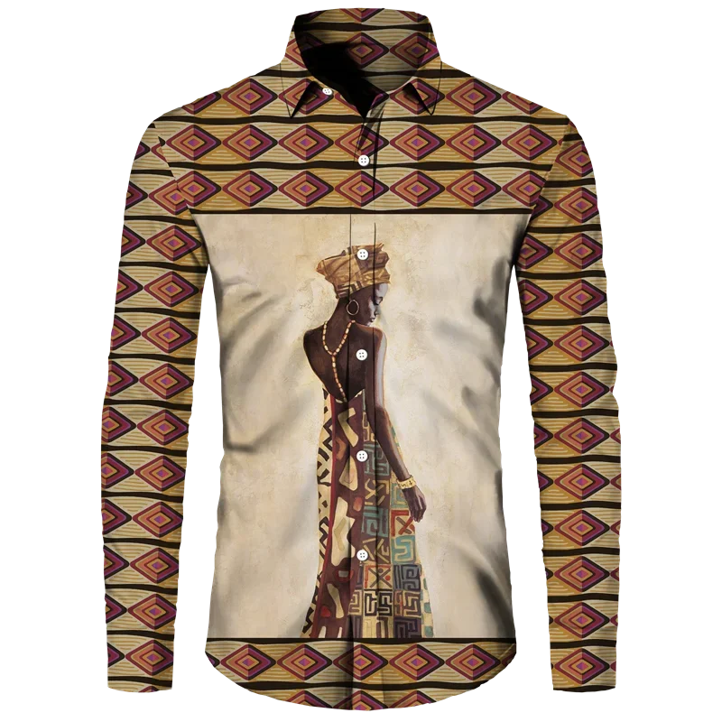 

Ethnic Style African Girl 3D Print Long Sleeve Button Shirts For Men Women Dashiki Folk Female Vintage Tops Couple Clothes Shirt