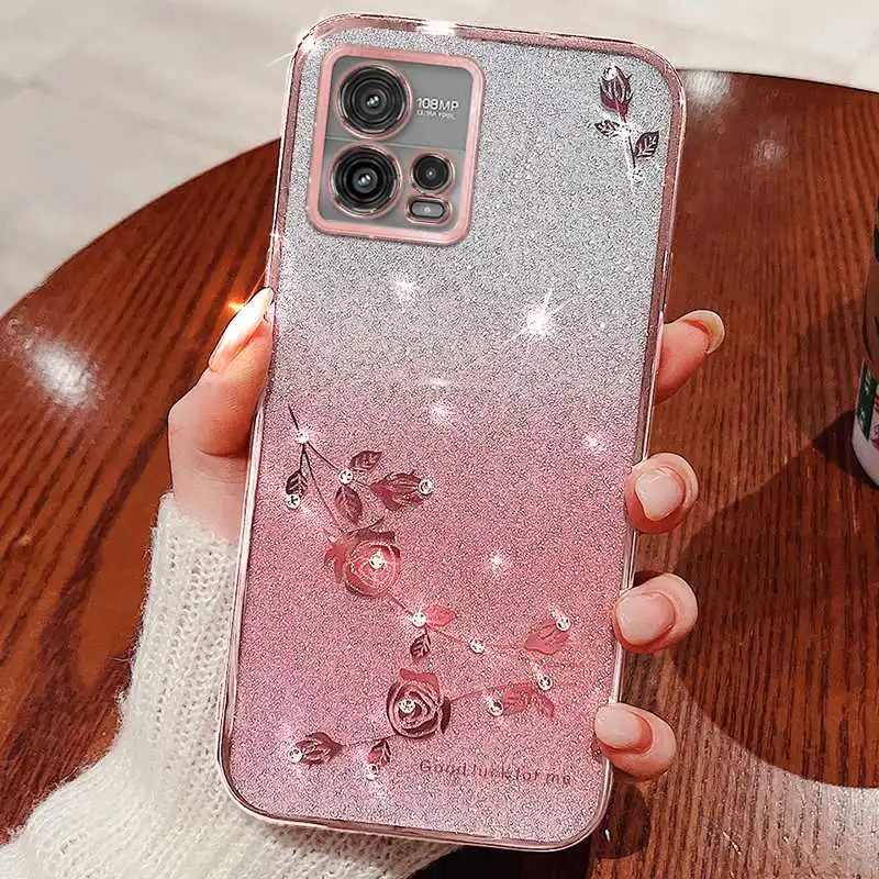 Floral Rhinestone Bling Soft Case For Motorola Moto G73 G53 G23 G13 G84 G82 G72 G71s G71 5G Flower Pattern Phone Case With Ring