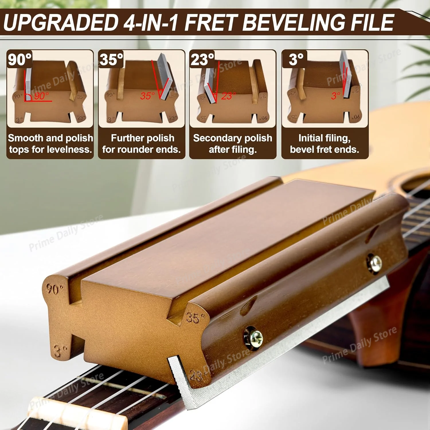 4‑in‑1 Guitar & Bass Fret Dressing File, Multi‑Angle Luthier Jig with 3°,23°,35°,90° Specs for Beveling, Rounding & Deburring