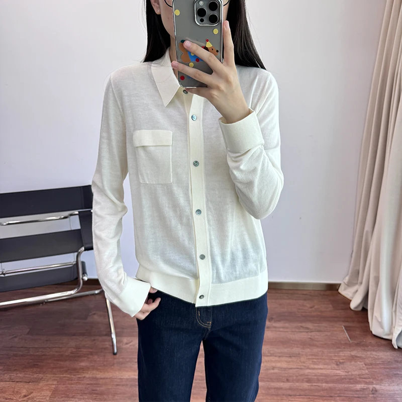 

Meecion Women's Soft Thin Woolen Long Sve Knitted Sweater Turn-down Collar Single Button Comfortable Silk Open Cardigan