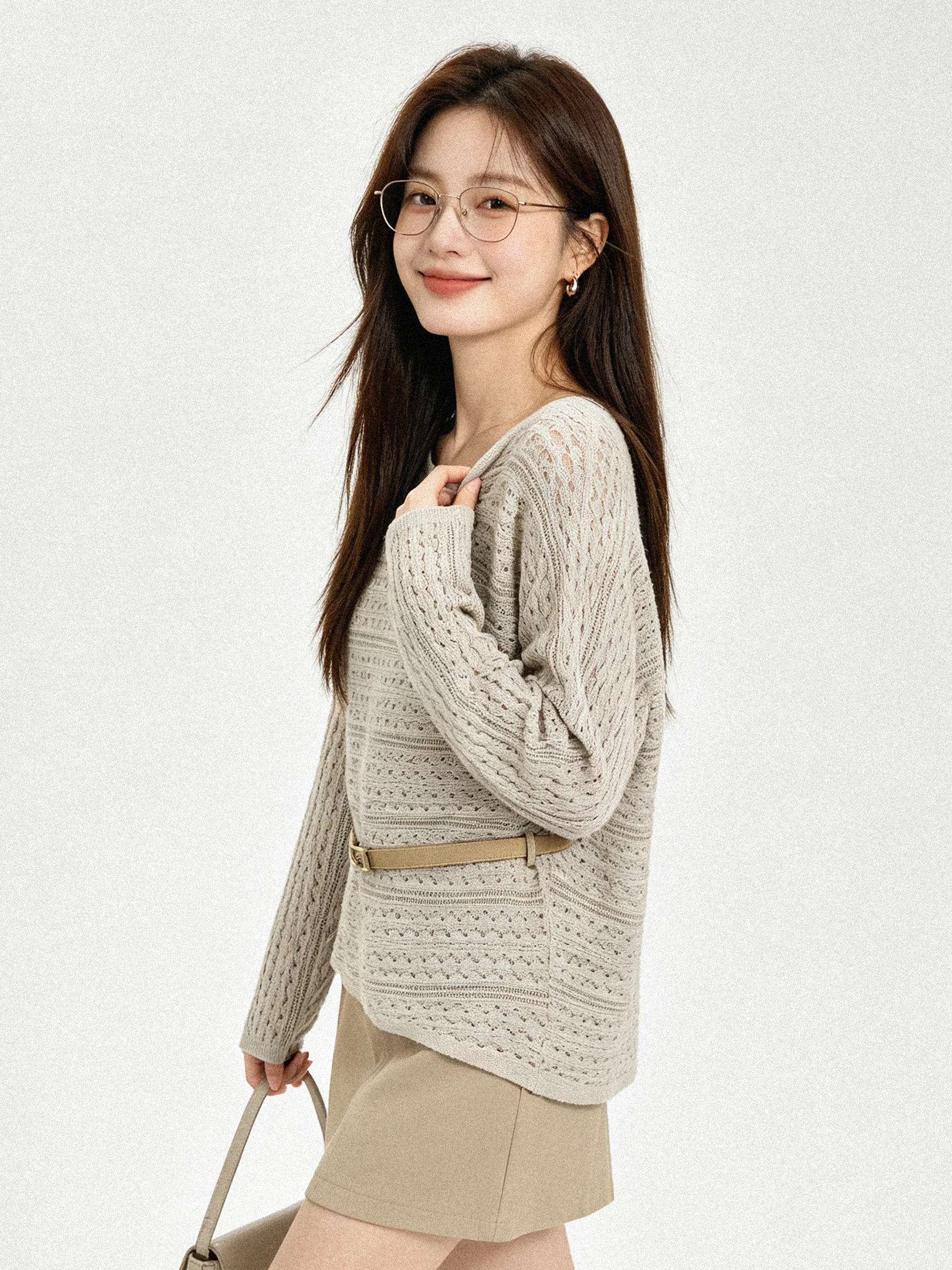 Minimalist Elegant Long Sleeve Knitted T-Shirt Hollow out Design Slimming Top Casual Soft round Neck Breathable Women's Fashion