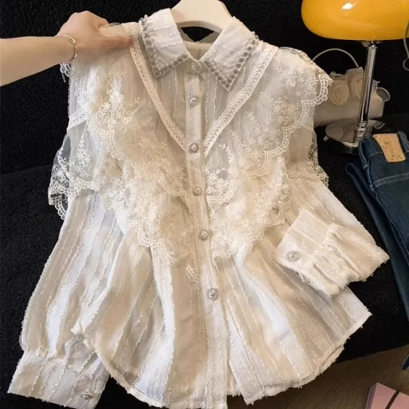 Muse Royal Sister Fan Lace Diamond Belt Diamond Chiffon Shirt Court Commuter OL White Collar Fried Street Top Urban Exquisite
