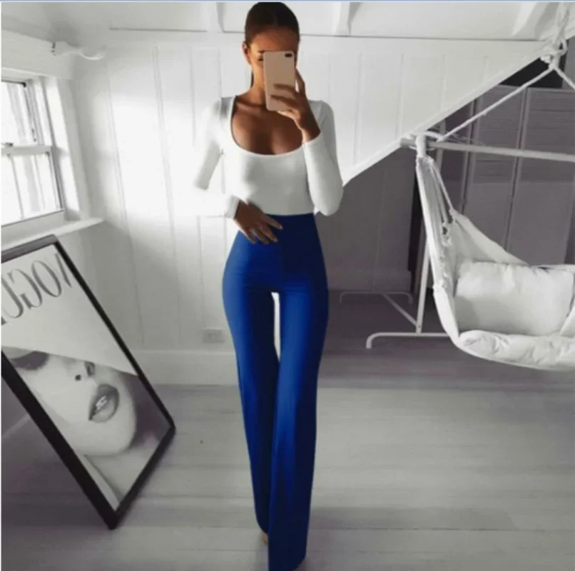 Estate 2023 donna moda donna pantaloni Hippie vita alta pantaloni a campana donna Stretch Flare pantaloni Office Lady Solid Pink Pants