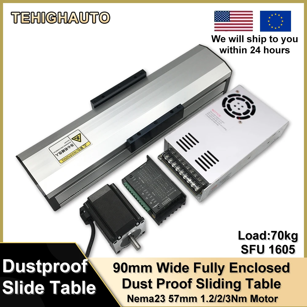 CNC Fully Enclosed Slide Table 90mm Wide SFU1605 Dust Compartment 100/200/300MM Stroke Sliding Stage Travel Single Axis Robot