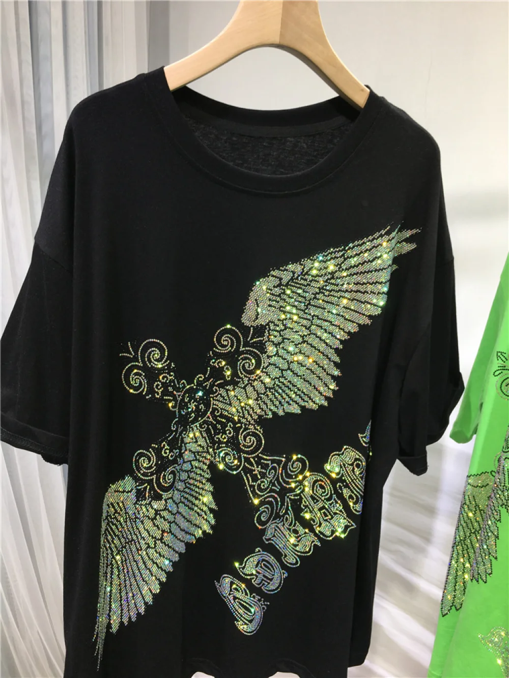 150KG Plus Size Women Men Brand T-shirt Summer Loose Fit Rhinestone Eagle Luxury T Shirt Cotton Black Big Size Women\'s Clothing